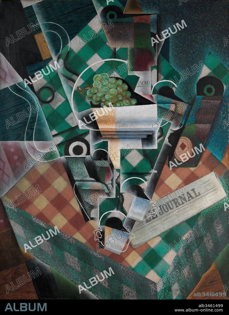 Still Life with Checked Tablecloth, Paris, spring 1915, Oil and graphite on canvas, 45 7/8 x 35 1/8 inches (116.5 x 89.2 cm), Paintings, Juan Gris (Spanish, Madrid 1887–1927 Boulogne-sur-Seine), Gris, a master of disguised images, presents a table brimming with coffee cups, stemmed wineglasses, a large white-footed fruit compote (seen from the side and from above) containing thickly painted grapes, a bottle of red wine, a bottle of Bass extra stout ale with its distinctive red diamond logo, a newspaper, and a guitar.