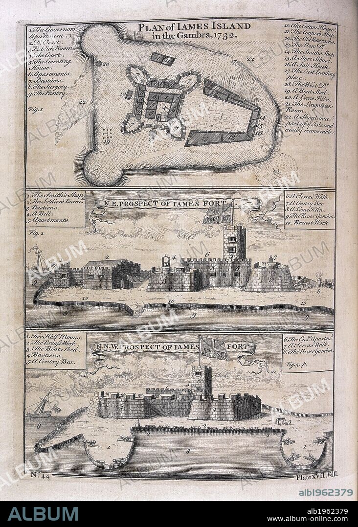 James Island and Fort. A New General Collection of Voyages and Travels... London : Thomas Astley, 1745-47, [1743-47]. Source: 2354.h.8.(2), plate XVII. Language: English.