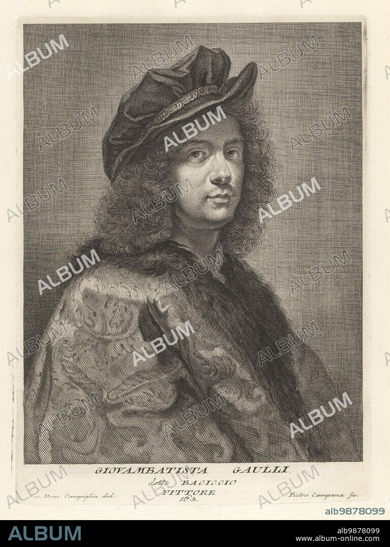 Giovanni Battista Gaulli, also known as Baciccio or Baciccia, Italian artist working in the High Baroque and early Rococo periods, 1639-1709. Giovambatista Gaulli, Pittore. Copperplate engraving by Pietro Campana after Giovanni Domenico Campiglia after a self portrait by the artist from Francesco Moucke's Museo Florentino (Museum Florentinum), Serie di Ritratti de Pittori (Series of Portraits of Painters) stamperia Mouckiana, Florence, 1752-62.
