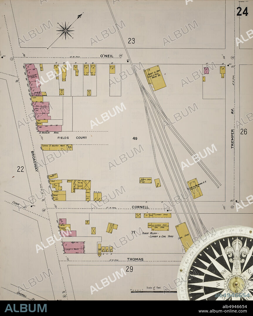 Image 25 of Sanborn Fire Insurance Map from Kingston, Ulster County, New York. 1899. 69 Sheet(s). Bound, America, street map with a Nineteenth Century compass.
