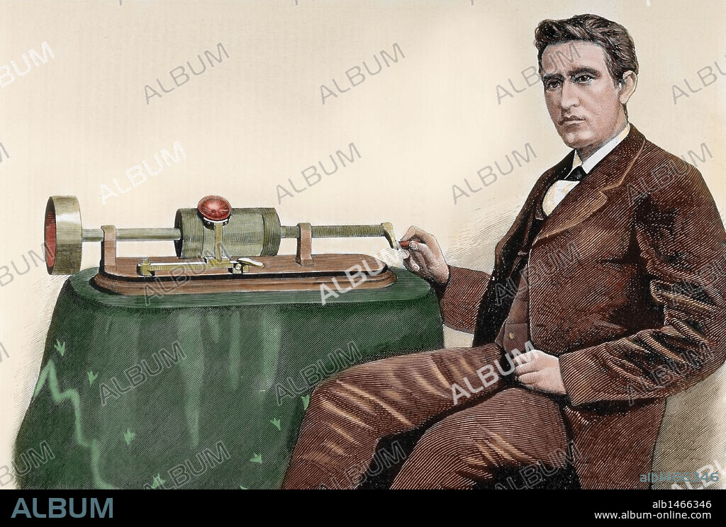 EDISON, Thomas Alva (Milan, Ohio,1847-West Orange, Nueva Jersey,1931). Inventor estadounidense. Entre sus inventos más importantes destacan el del fonógrafo (1877) y la lámpara de incandescencia (1879). En 1927 fue nombrado miembro de la National Academy of Sciences. Grabado coloreado.