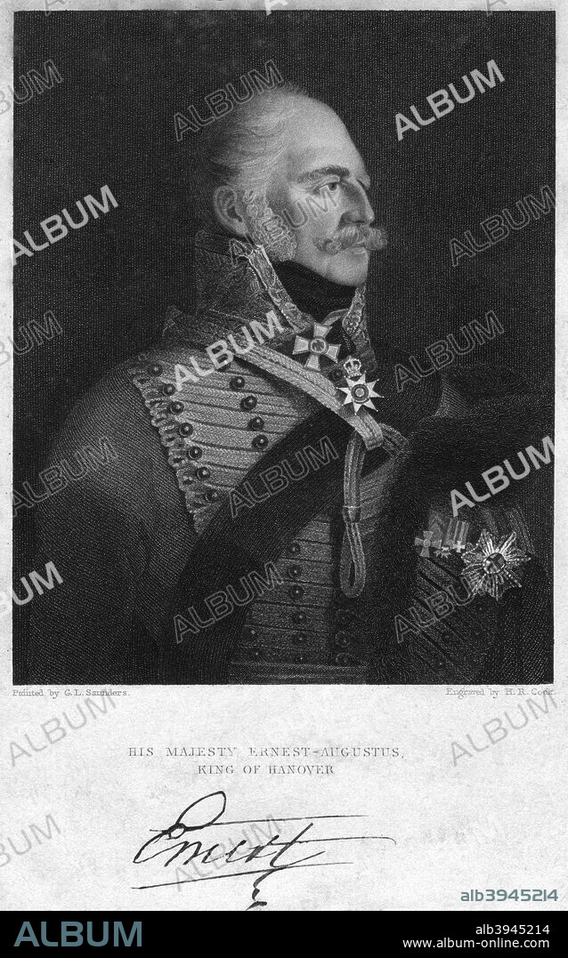 Ernest Augustus I of Hanover, King of Hanover, 19th century. Ernest Augustus I (1771-1851), also known as the Duke of Cumberland, was the son of King George III of the United Kingdom.