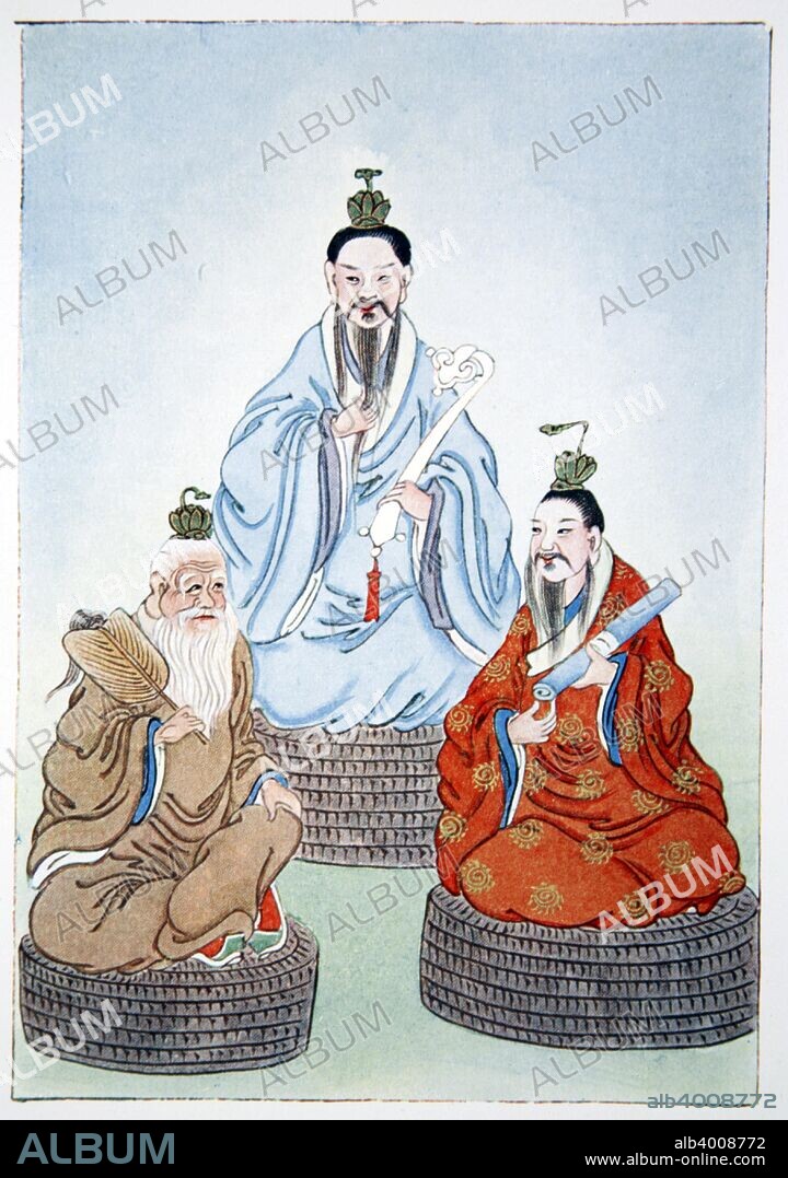 The Taoist Triad, 1922. Yu Huang, ruler of first heaven; Tao Chun, ruler of second heaven and custodian of sacred books; Lao Tzu, ruler of third heaven and teacher of kings. From Myths and Legends of China, by Edward TC Werner, published by George G Harrap & Co, 1922.