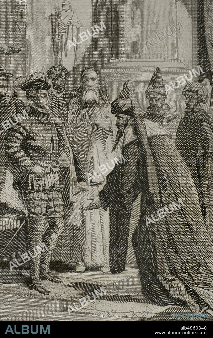 El Bey de Túnez ante el emperador Carlos V en la ciudad de Barcelona,1519. Durante la entrevista el Bey le pidió al emperador el favor y el apoyo contra Jeireddin Barbarroja, que le había desposeido de sus estados. Carlos V le prometió su ayuda, dando orden a Hugo de Moncada para que con una flota se hiciese a la mar con objeto de reponer en sus estados al destronado rey. Ilustración por Urrabieta, detalle. Grabado por J. Nicolau. Historia de Cataluña y de la Corona de Aragón, por Victor Balaguer. Barcelona,1863.