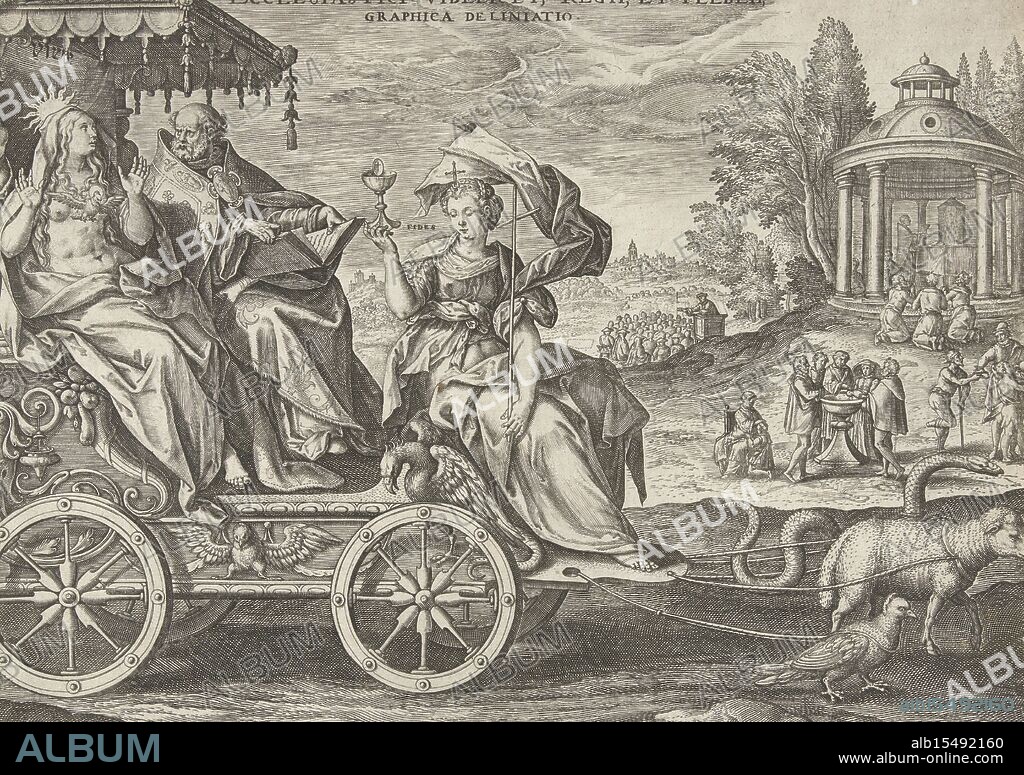 Antwerp, Galle, Philips, Vos, Maerten de, Collaert, Adriaen, Trivm Hvmani generis ordinvm sive statvvm, Trium Humani generis ordinum sive statuum, The divine tasks of the three estates, Task of the clergy, verso middle bottom - stamped, A triumphal chariot with the representative of the ecclesiastical power, the Pope. Next to him sits the allegorical figure of Truth. The triumphal chariot is drawn by a sheep (the Lamb of God), a snake (Providence) and a dove (The Holy Spirit) and is steered by the allegorical figure of Faith. In the background some tasks of the clergy: baptism, charity, confession, the Eucharist and the sermon. The print has a Latin inscription and a Latin subtitle and is part of a four-part series on the divine tasks of the three estates., print, prints, height 228 mm, width 292 mm, Southern Netherlands (before 1775), 1560 - 1618-06-29, print maker, printmaker, 1583 - 1588, paper, papier, engraving, engraving (printing process), Work conception, Southern Netherlands, 1532 - 1603-12-04, after a design by, Publication (Event), Publication, 1537 - 1612-03-29, publisher.