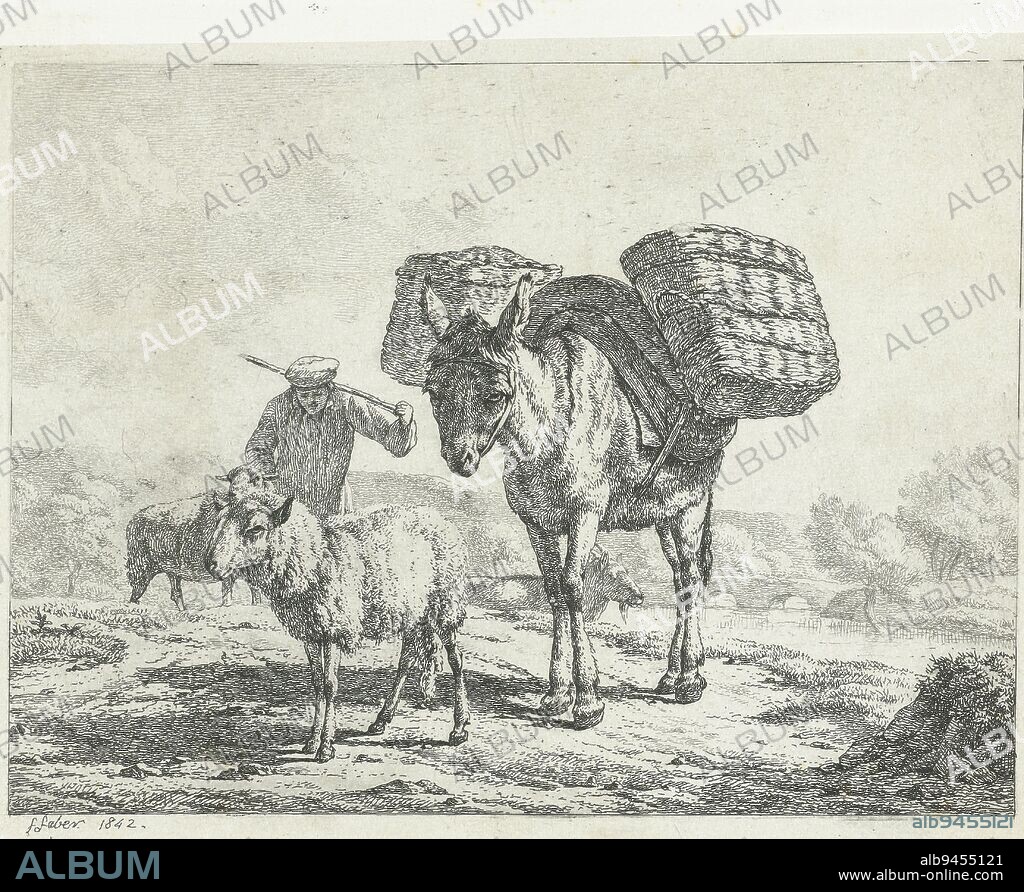 Man with two sheep and a packed donkey, Frédéric Théodore Faber, 1842, print maker: Frédéric Théodore Faber, (mentioned on object), Brussels, 1842, paper, etching, h 153 mm × w 218 mm.