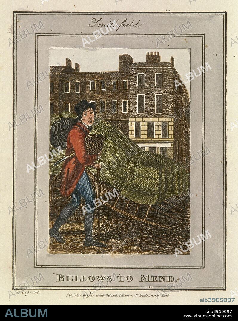 'Bellows to Mend'. A bellows mender in Smithfield, London, carrying a pair of bellows under his arm. From Cries of London, 1804.