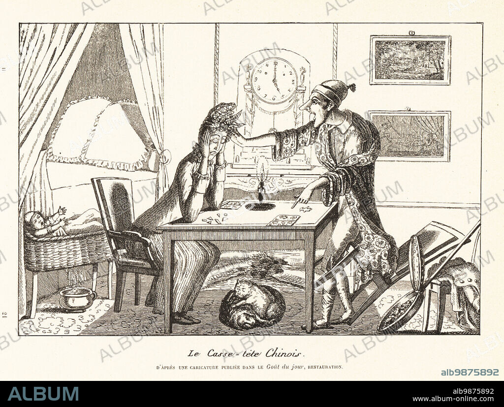 A woman playing a Tangram or Chinese puzzle game, 1818. A husband berates a wife addicted to the gamt, ignoring the baby crying in its cot. The game sparked a craze in the early 19th century. Le casse-tete Chinois. Lithograph from Henry Rene dAllemagnes Recreations et Passe-Temps, Games and Pastimes, Hachette, Paris, 1906.