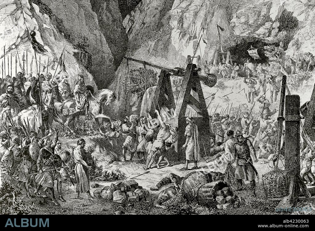 Batalla de Covadonga (722) entre el ejército de Don Pelayo y tropas del al-Andalus. Zona de Asturias, España. Grabado. "Museo Militar del Ejército Español", Tomo I. Evaristo Ullastres Editor. Barcelona, 1883. Biblioteca Histórico Militar de Barcelona, Cataluña, España.