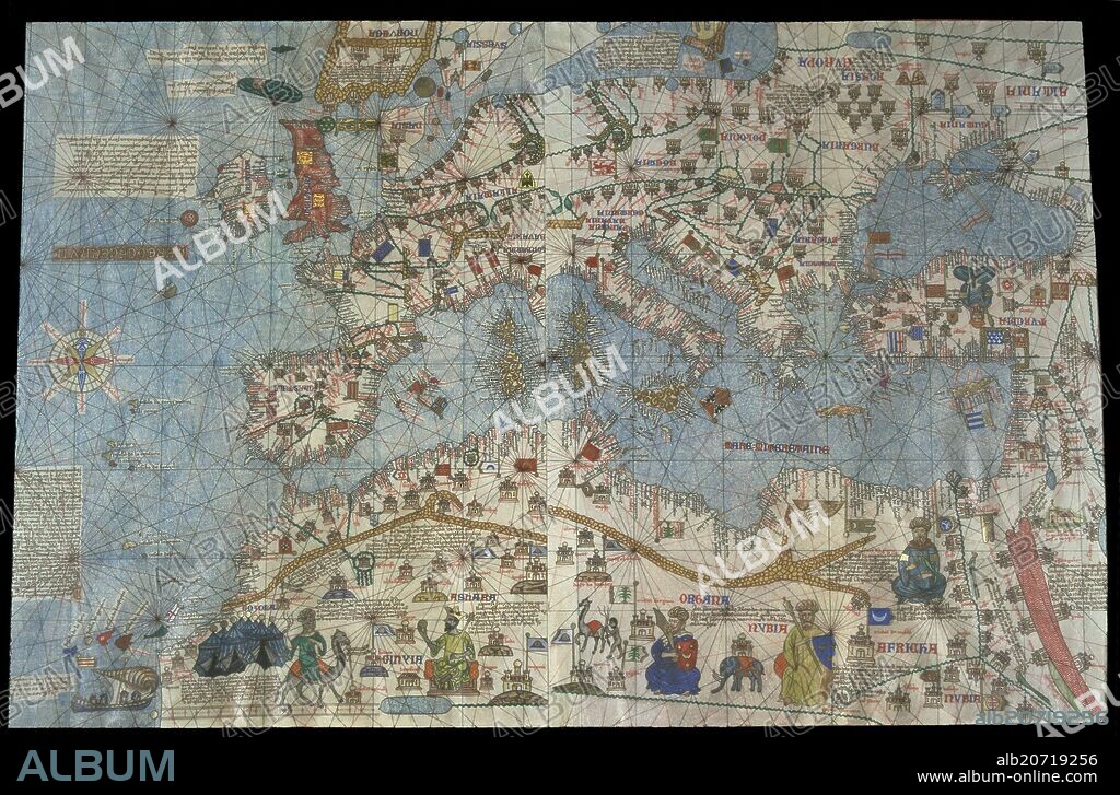 ABRAHAM CRESQUES (1325-1387). 1375 Catalonian atlas : detail of North Africa and Europe. 14th century. Paris, national library.