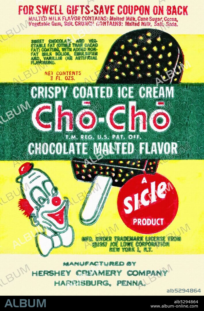 Wax paper sleeve for a frozen treate, the crispy coated ice cream on a popsicle stick called "Cho Cho" in a chocolate malted flavor.  Manufactured in Harrisburg, PA..