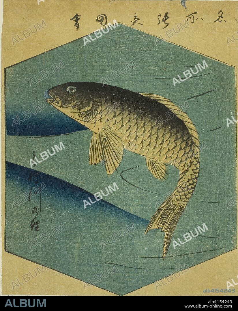 Carp in the Tone River (Tonegawa no koi), section of a sheet from the series "Cutout Pictures of Famous Places in Edo (Edo meisho harimaze zue)". Utagawa Hiroshige ?? ??; Japanese, 1797-1858. Date: 1857. Dimensions: 18.2 x 14.5 cm. Color woodblock print; section of harimaze sheet. Origin: Japan.