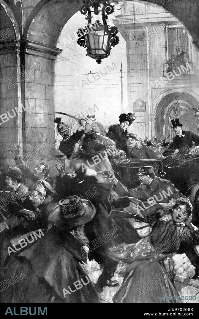 The Portuguese Assassination: Authentic drawing from our special artist's sketch in Lisbon. The Assassination of the king and Crown Prince of portugal, and the death of the assassin Buica. 15 February 1908.