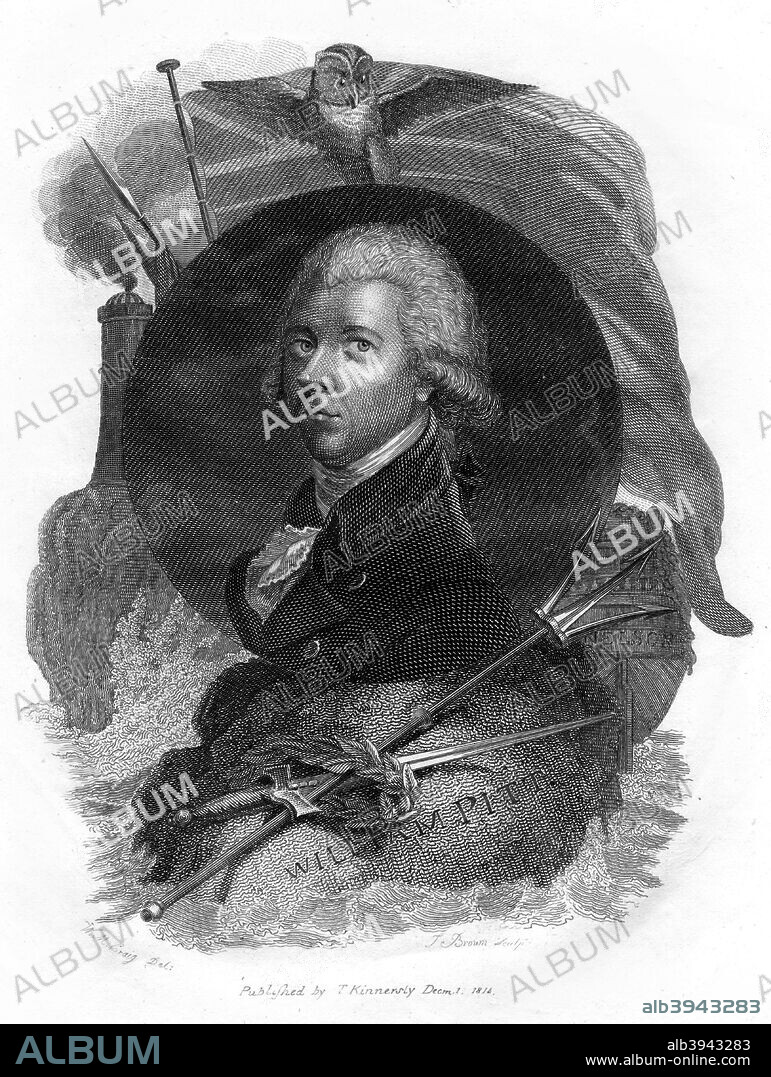 William Pitt, the Younger, British politician and Prime Minister, 1814. Portrait of Pitt the Younger (1759-1806) with sword and trident, and above, an owl and the Union Jack.