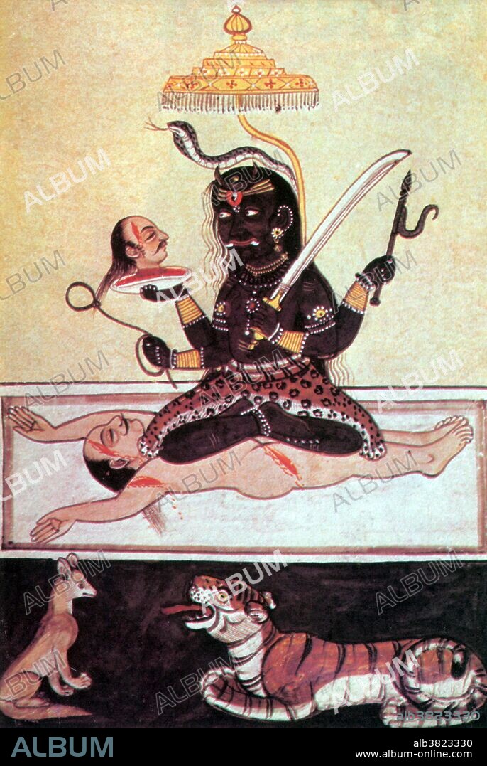 Kali is the fierce aspect of the goddess Durga. Kali (the black one) is the Hindu mother goddess, symbol of dissolution and destruction. She destroys ignorance, maintains the world order, and blesses and frees those who strive for the knowledge of God. She is represented as the grim consort of Lord Shiva, on whose body she is often seen standing. Her appearance is fearsome: baleful eyes, a protruding tongue, and four arms. In her upper left hand she wields a bloody sword and in her lower left hand she holds the severed head of a demon. With her upper right hand she makes the gesture of fearlessness, while the lower right hand confers benefits. Draped around her is a chain of severed human heads and she wears a belt made of dismembered arms. As the Divine Mother she is often represented dancing or in sexual union with Shiva. As Bhavatarini, the redeemer of the universe, she stands upon the supine form of her spouse. She is also known as Kalikamata (black earth-mother) and Kalaratri (black night). Among the Tamils she is known as Kottavei. Her cult was characterized by savagery and cannibalism.
