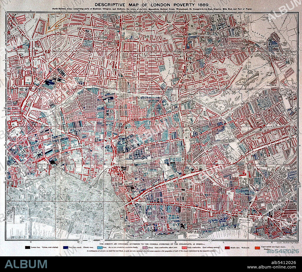 Descriptive map of London poverty, 1889 (north-eastern sheet). Color code: black (lowest class), dark blue (very poor), light blue (poor), mauve (mixed), light orange (fairly comfortable), red (middle class, orange (wealthy). A poverty map is a map which provides a detailed description of the spatial distribution of poverty and inequality within a country. It combines individual and household (micro) survey data and population (macro) census data with the objective of estimating welfare indicators for specific geographic area as small as village or hamlet. Charles James Booth (March 30, 1840 - November 24, 1916) was an English social researcher and reformer. Booth investigated poverty in London, working with a team of investigators. This research, which looked at incidences of pauperism in the East End of London, showed that 35% were living in abject poverty. This work was published under the title Life and Labour of the People in 1889. A second volume, entitled Labour and Life of the People, covering the rest of London, appeared in 1891.