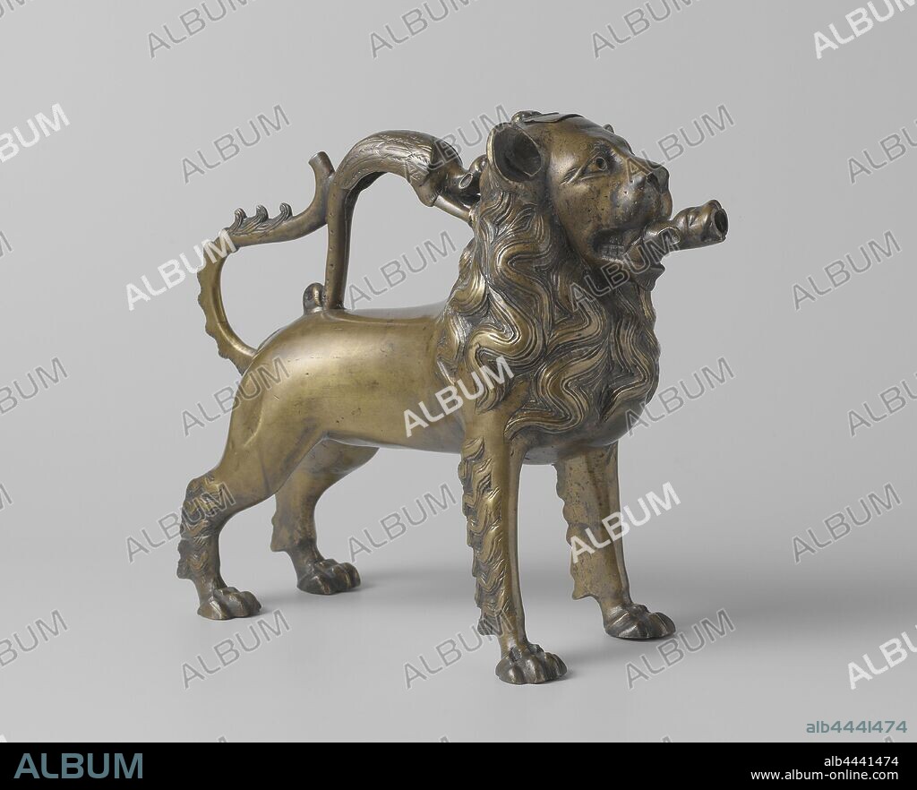 Aquamanile in the form of a lion Aquamanile in the form of a lion Lion-aquamanile, The object cast in cire perdue technique and largely adorned with the shape of a lion with a dragon as its handle. The details are outstretched (the mane, the locks on the legs, the tail of the lion), engraved (the wings of the dragon) or punched (the mustache of the lion, the back and the tail of the dragon). The dragon is connected to the head, the back and the tail of the lion. The lion looking ahead has an animal head in its mouth, which acts as a spout. A more or less rectangular piece has been sawn into the lion's head, on which a flap attached with a hinge is arranged in order to be able to fill the object with water. The animal has protruding ears and roughly indicated manes that cover the neck and head. The two legs and the head of the dragon are placed in the lion's neck. Two wings are indicated on the body of the dragon. The lion's tail, whose onset is marked by two strands of hair, is divided in two in the middle by a bulge. The lower tail section is serrated, the upper tail section is decorated with flames. The front legs are provided with six, the hind legs (initially) with four strands of hair. The claws are clear but roughly modeled. A rectangular piece was inserted on the chest under the fur locks after the casting core had been removed. The onset of about ten rectangular casting needles and three round casting improvements can be seen on the body and head. The upper part of the right hind leg is dented. Old repairs are the flap, the left leg of the dragon, the right hind leg of the lion (which means it has five hair pieces), a part in the lower part of the chest, the dented part between the front legs. The seriously damaged abdomen and the inside of the upper leg of the left hind leg (including a hole) were restored in 1982, beasts of prey, predatory animals: lion, Johannes Apengeter (attributed to), Lübeck, c. 1330 - c. 1335, copper alloy, sawing, h 29.5 cm × l 39.