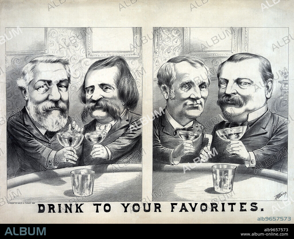 Composite of Two Caricatures of James G. Blaine and John A. Logan toasting each other, and of Grover Cleveland and Thomas A. Hendricks toasting each other, 1884 U.S. Presidential Election Campaign, Artwork by James Albert Wales, 1884.
