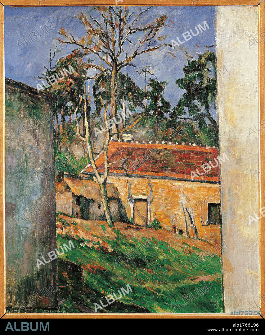 Farm Courtyard in Auvers, by Paul Czanne, 1879-1880 about, 19th Century, oil on canvas, cm 65 x 54. France, Ile de France, Paris, Muse dOrsay. All. Courtyard farm house way street Auvers roof trees light blue azure gray brown green.