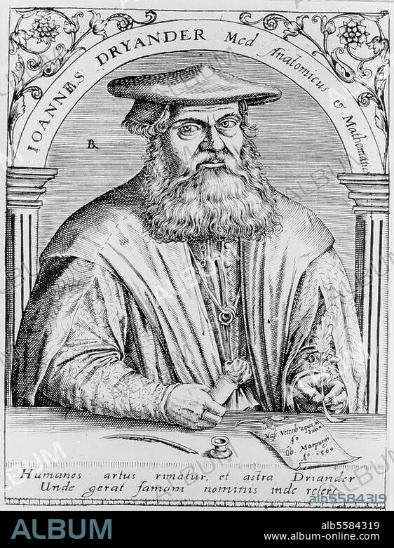 Dryander, Johannes Arzt, Mathematiker und Astronom. 1500 -1560. Porträt. Kupferstich, um 1590, von Theodor de Bry (1528-98).