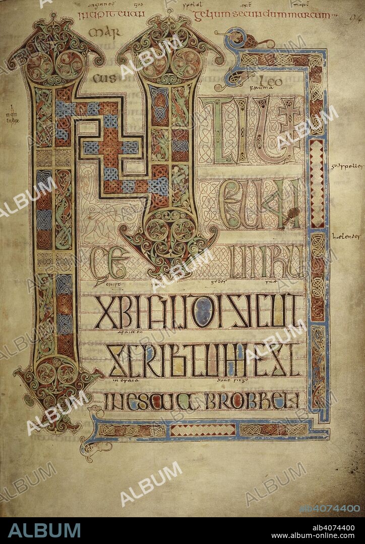 St. Mark's Gospel; Incipit page. Lindisfarne Gospels. N.E. England [Lindisfarne]; 710-721. [Whole folio] Incipit page to St. Mark's Gospel.Text with decorated letters 'INI'. Decorated borders  Image taken from Lindisfarne Gospels.  Originally published/produced in N.E. England [Lindisfarne]; 710-721. . Source: Cotton Nero D. IV, f.95. Language: Latin, with Anglo-Saxon glosses.