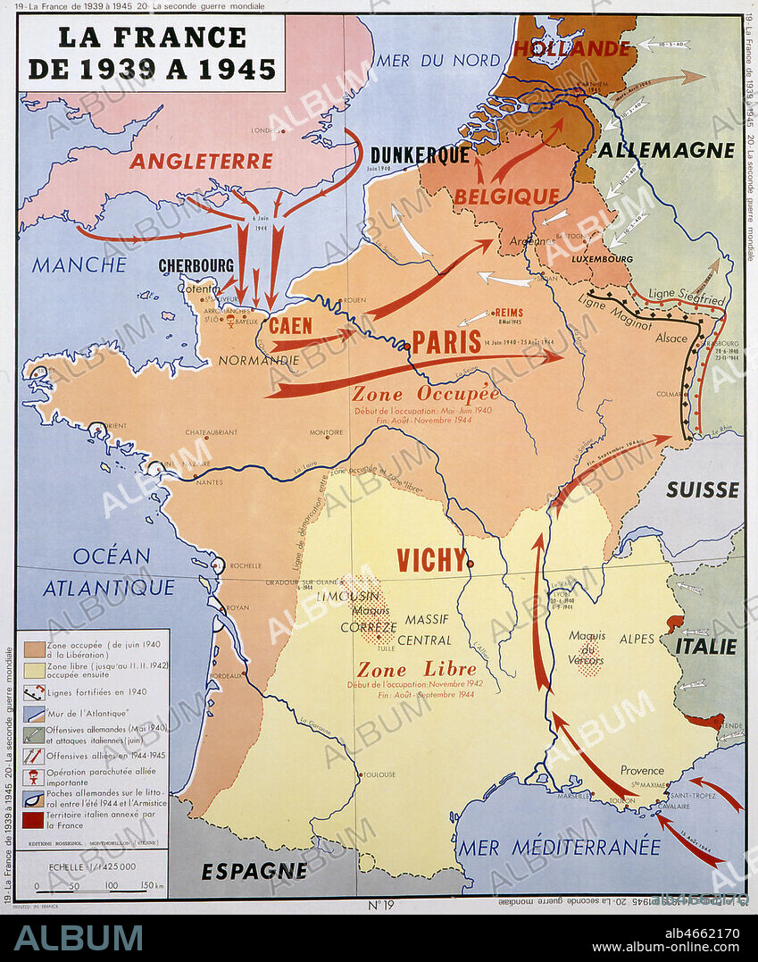 Carte de la France de 1939 a 1945 mettant en avant la zone libre et la zone occupee, les offensives allemandes (fleche blanche) et celles des allies (fleche rouge), la ligne Maginot et la ligne Siegfried. Panneau Rossignol de 1962. Credit: Coll. Rossignol/KHARBINE-TAPABOR.