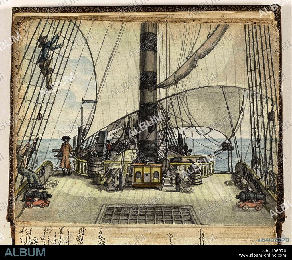Deck view of a VOC ship to the main mast. Draughtsman: Jan Brandes. Dating: 1778 - 26-Jul-1787. Place: Indische Oceaan. Measurements: h 155 mm × w 195 mm.