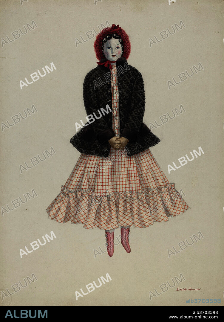 EDITH TOWNER. Doll - "Flora Richardson". Dated: c. 1937. Dimensions: overall: 35.7 x 26.7 cm (14 1/16 x 10 1/2 in.)  Original IAD Object: 20 1/2" high. Medium: watercolor and graphite on paper.
