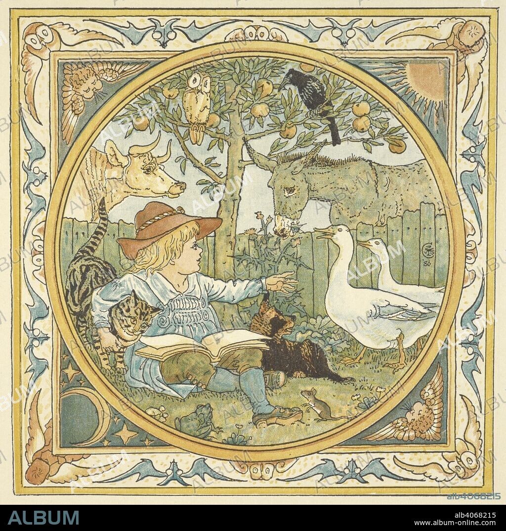 WALTER CRANE. Colour illustration for 'the baby's own aesop'. A child in a garden surrounded by animals. Triplets. Comprising, The Baby's Opera, The Baby's Bouquet, and The Baby's Own Ã†sop. With the original designs in colour by W. Crane, etc. London : G. Routledge & Sons, 1899. Source: K.10.a.25 page 136.