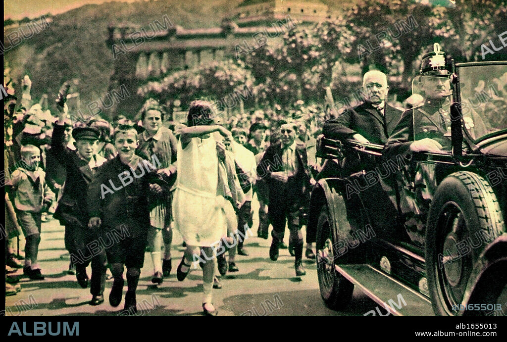 Paul von Hindenburg (1847-1934) German soldier and statesman. Recalled at the outbreak of the First World War, he first came to prominence at the age of sixty-six as the victor at Tannenberg in 1914. Chief of German General Staff from 1916, in 1919 he retired again but returned to public life 1925 and was elected second President of Germany. Hindenburg driven round the liberated Rhineland.