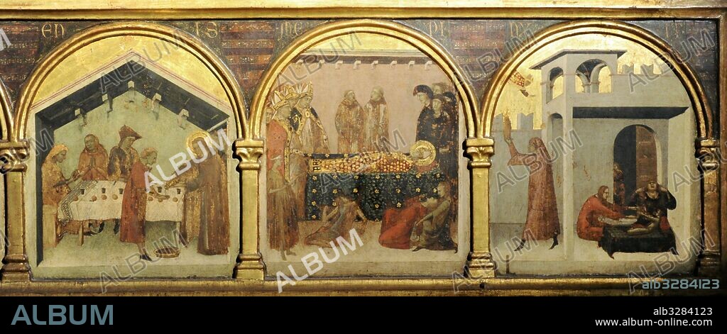 Simone Martini (h.1284-1344). Pintor italiano de la escuela sienesa. San Luís de Tolosa coronando a Roberto de Anjou, rey de Nápoles, 1317. Detalle de la predela con escenas de la vida del santo. Museo de Capodimonte. Nápoles. Italia.