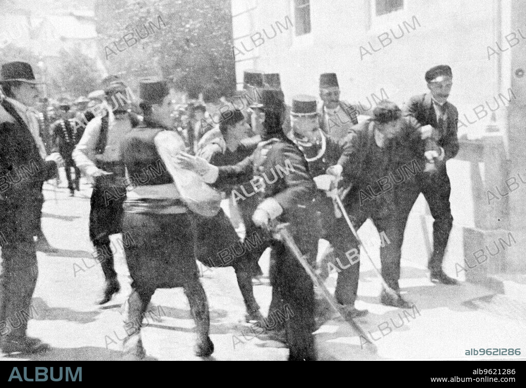 Arrest of Gavrilo Princip, assassin of Archduke Franz Ferdinand, 1914. Princip, a Serbian nationalist murdered the Archduke Franz Ferdinand (1863-1914), heir to the Austrian throne, at Sarajevo, on 28 June 1914. The assassination set Europe firmly on the road to the First World War.