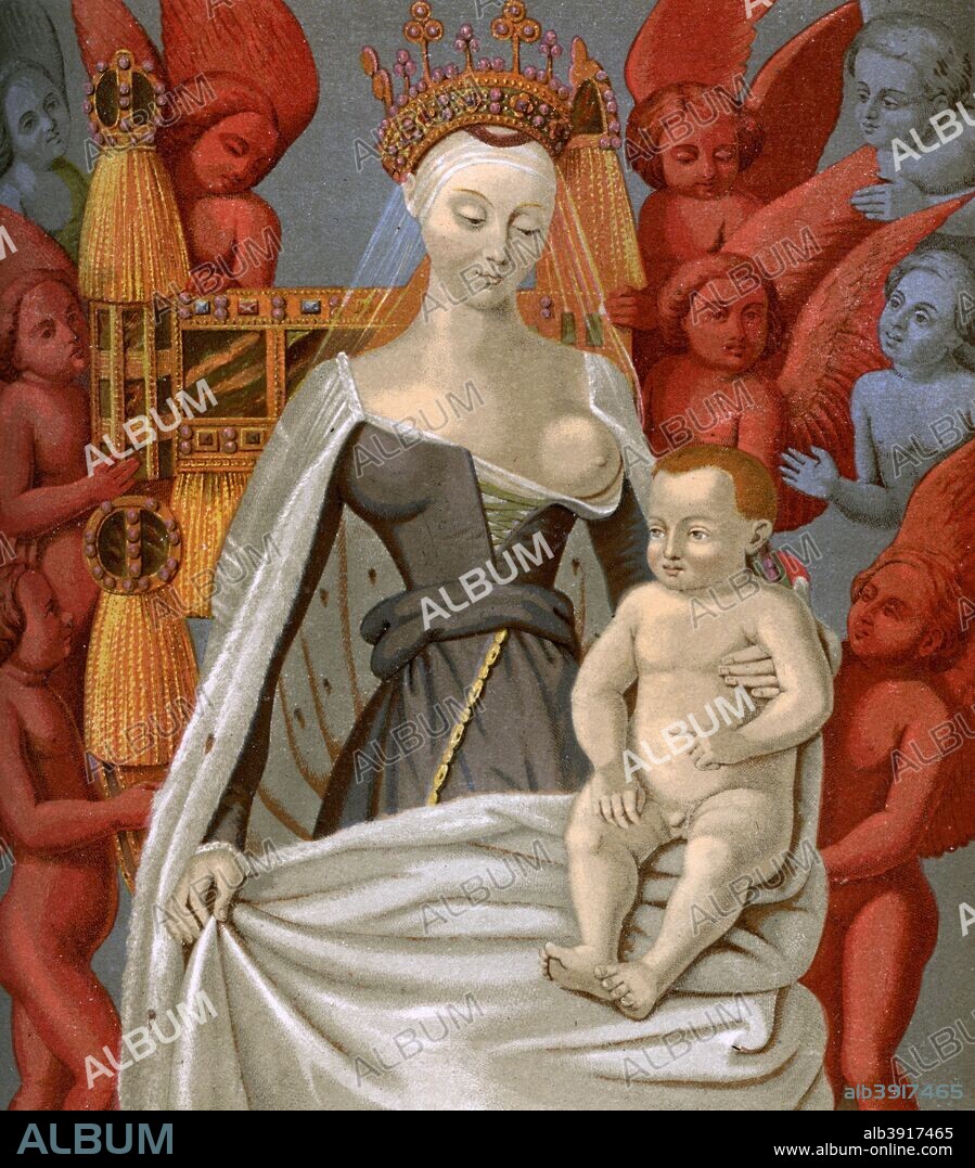 Agnès Sorel (1421-1450), mistress of King Charles VII of France, c1450 (1849). Agnès Sorel was the model for this Virgin and Child Surrounded by Angels. A 19th century chromolithograph based on an original 15th century painting. From Le Moyen Age et la Renaissance, by Paul Lacroix, Ferdinand Séré and A Rivaud, volume V (Paris, 1849).