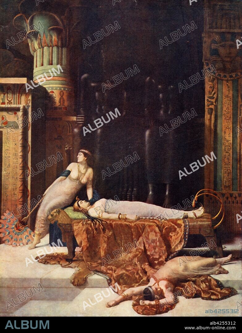 JOHN MALER COLLIER. 'The Death of Cleopatra', 1890. The Egyptian queen Cleopatra VII (69-30 BC) is believed to have committed suicide by allowing herself to be bitten by an asp. Painting in Gallery Oldham.