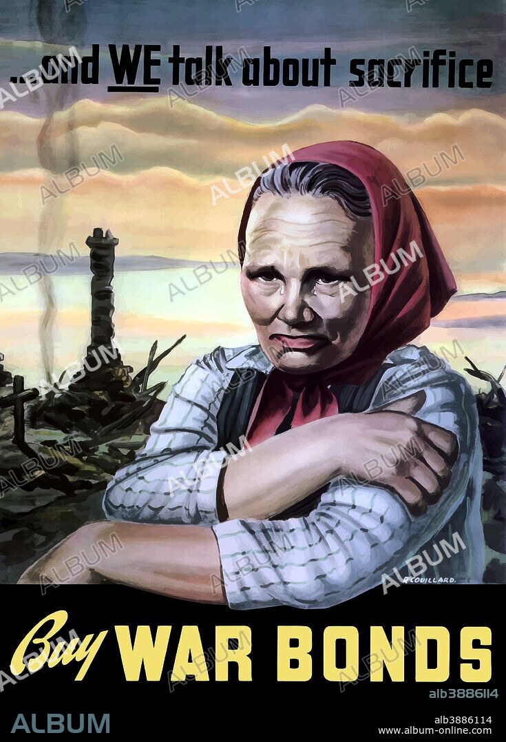 Vintage World War II poster of a European woman, tears coming from her eyes, standing amid the ruins of a town. It reads, ... and we talk about sacrifice. Buy War Bonds.