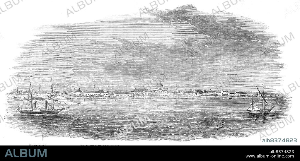 Eupatoria - Landing of the Crimean Expedition, 1854. Scene from the Crimean War. '"Caradoc"; boat, with staff landing; mosque...[HMS] Caradoc leading, steered straight for Kalamita Bay, and ran slowly along shore at about a mile distance. All the Generals had thus an admirable opportunity of surveying, not only the coast, but the general capabilities of the country further inland. They could also form a good idea of the preparations which had been made to resist them, from the fact that before they had well run five miles along the shore, large parties of horse artillery made their appearance, and kept abreast of them at full speed while they remained inland'. From "Illustrated London News", 1854.