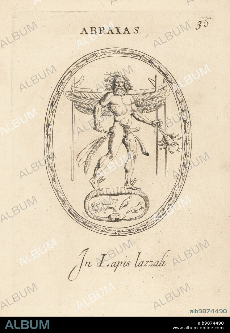 Abraxas, ancient Egyptian god of the Basilides and Alexandrines. Naked winged man with erect penis like Priapus, winged feet like Hermes, holding a lobster, standing on a snake, with staff embedded in his thighs. Abraxas in lapis lazzali. Copperplate engraving by Giovanni Battista Galestruzzi after Leonardo Agostini from Gemmae et Sculpturae Antiquae Depicti ab Leonardo Augustino Senesi, Abraham Blooteling, Amsterdam, 1685.