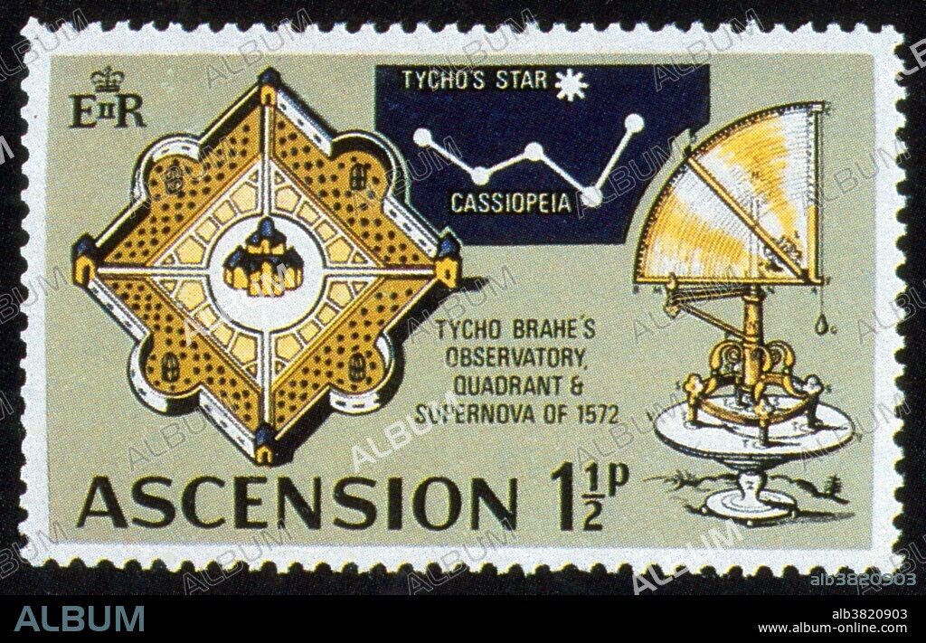 A postage stamp showing Uraniborg, an astronomical observatory operated by Tycho Brahe, along with Tycho's star, a supernova which flared in 1572. Tycho Brahe (1546-1601) was a Danish astronomer, astrologer and alchemist. After becoming interested in astronomy as a student in Copenhagen, Tycho Brahe realized the difficulty of making accurate measurements of celestial bodies with the instruments of the day. His designs for new methods and devices won him great fame. He was granted an estate on the island of Hven to conduct his research, and funding to built the Uraniborg observatory. From there he generated the most accurate astronomical data of his time. He was exiled to Prague in 1597 and was assisted in his work there by Johannes Kepler until his death. Due to a duelling injury at university, he always wore a metal nose prosthetic.