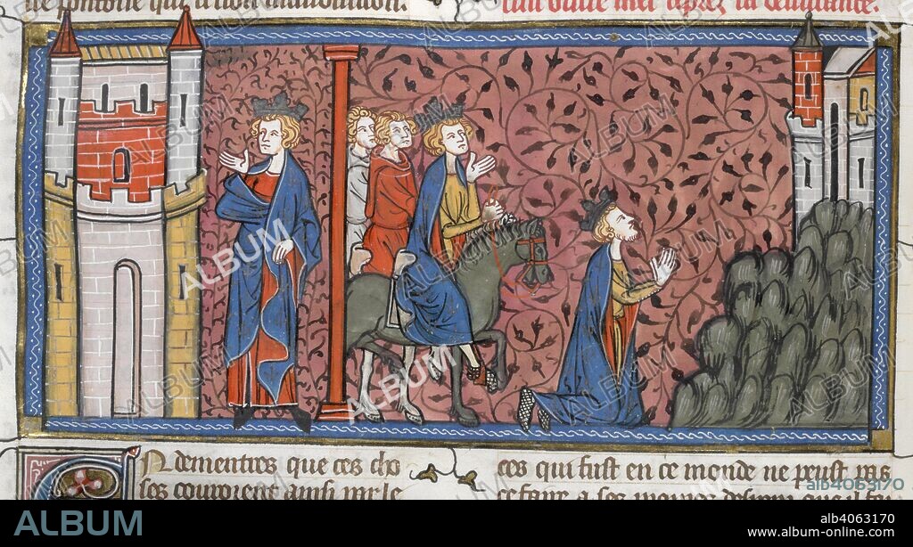 [Miniature only] King Louis IX of France [St Louis] builds a fortress and goes on pilgrimage to Nazareth during the Seventh Crusade. Chroniques de France ou de Saint Denis, vol. 1. France; second quarter of 14th century. Source: Royal 16 G. VI, f.415v. Language: French.