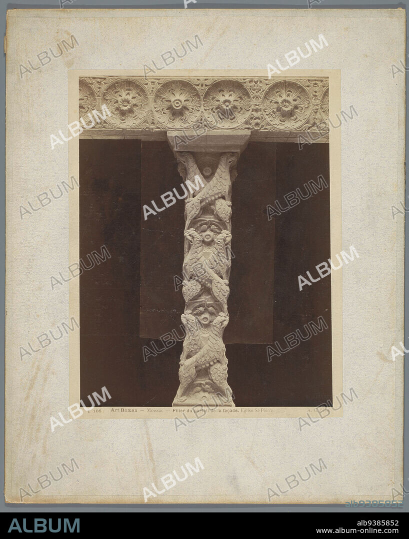 Pillar in the portal of the Abbey of Moissac, Art Roman - Moissac - Pilier du portail de la façade. Église St-Pierre. (title on object), Adolphe Giraudon (mentioned on object), publisher: Adolphe Giraudon (mentioned on object), Abdij van Moissac, publisher: Paris, c. 1875 - c. 1900, cardboard, albumen print, height 259 mm × width 202 mm.