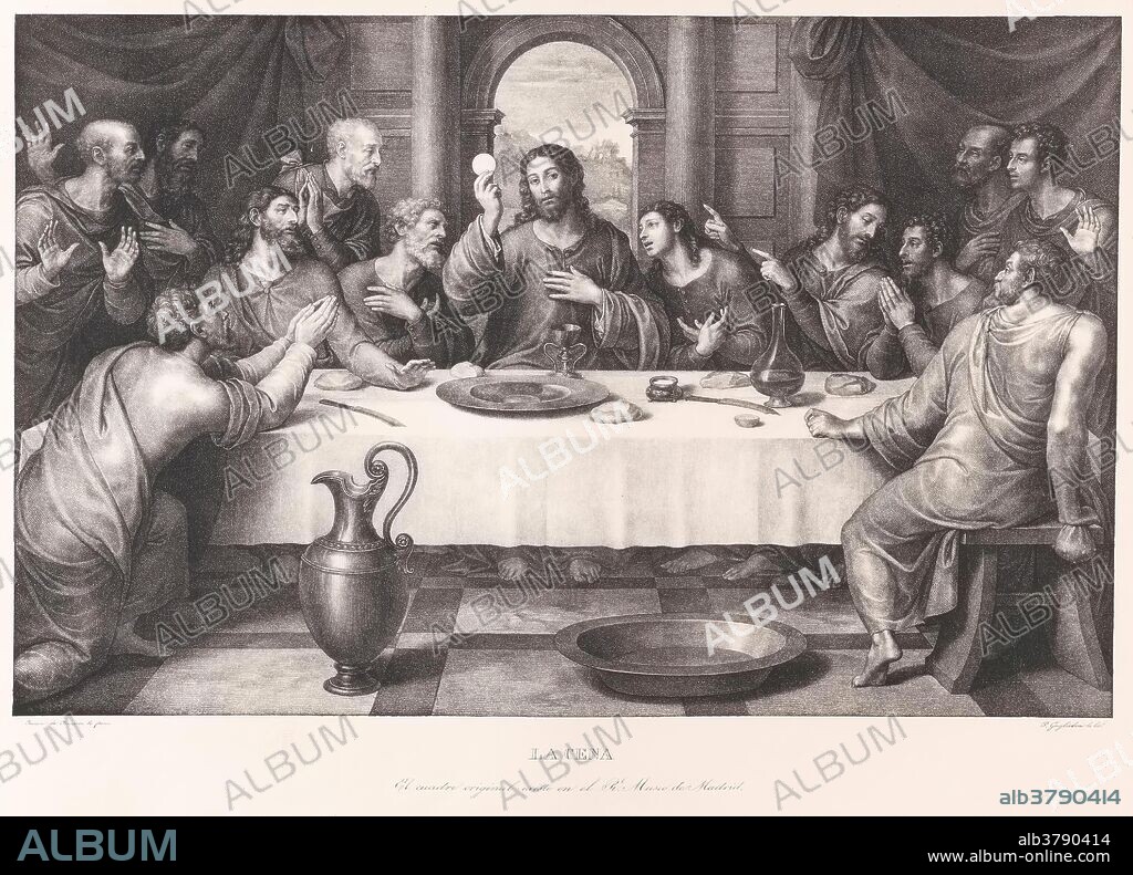 JOSE DE MADRAZO Y AGUDO y PAOLO GUGLIELMI. Paolo Guglielmi (Litógrafo) (Autor de la obra original Juanes, Juan de); José de Madrazo y Agudo (Director); Real Establecimiento Litográfico de Madrid (Estampador) / 'La Última Cena'. 1826 - 1829. Aguatinta litográfica, Litografía a lápiz, Raspador sobre papel avitelado, 489 x 630 mm.