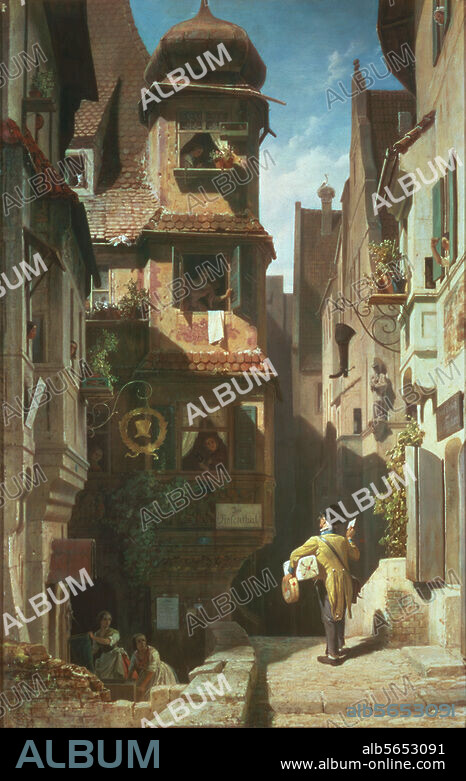 CARL SPITZWEG. Spitzweg, Carl. 1808-1885. "Der Briefbote im Rosental", um 1852/59. Gemälde. Öl auf Leinwand, 73,5 × 46,5 cm. Marburg, Univ.-Museum für Kunst und Kulturgeschichte.
