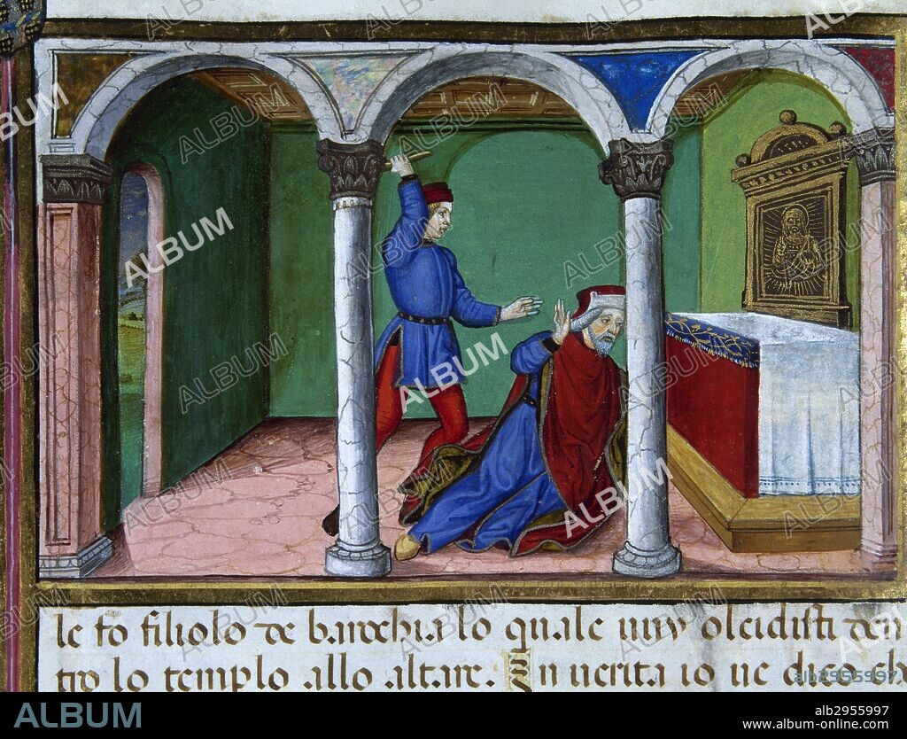 Cristoforo de Predis (1440-1486). Italian miniaturist. Miniature depicting Jesus remembers that God send his prophets and that they killed them as they did with Zechariah in the temple. In Stories of Saint Joachim, Saint Anne, Virgin Mary, Jesus, the Baptist and the End of the World, 1476, written by Galeazzo Maria Sforza (1444-1476). Royal Library. Turin. Italy.