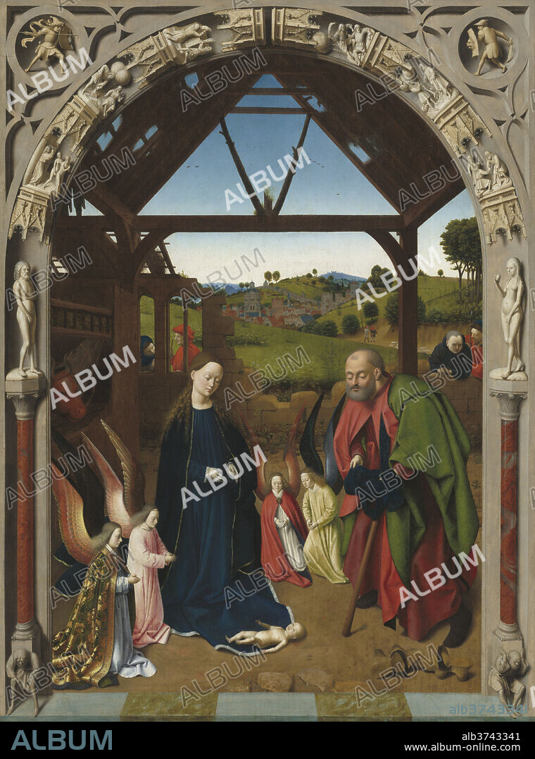 PETRUS CHRISTUS. The Nativity. Dated: c. 1450. Dimensions: painted surface: 127.6 x 94.9 cm (50 1/4 x 37 3/8 in.)  overall (panel): 130 x 97 cm (51 3/16 x 38 3/16 in.)  framed: 149.2 x 118.4 cm (58 3/4 x 46 5/8 in.). Medium: oil on panel.