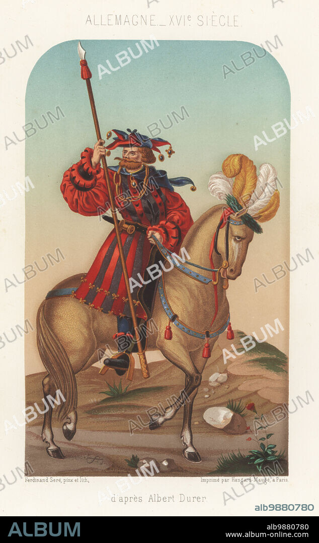 German knight or Landsknechte on horseback with lance, 16th century. He wears a hat with bells, slashed coat, hose, boots. After Albrecht Durer. Apres Albert Durer. Cavalier, Allemagne, XVIe siecle. Chromolithograph by Ferdinand Sere from Charles Louandres Les Arts Somptuaires, The Sumptuary Arts, Hangard-Mauge, Paris, 1858.