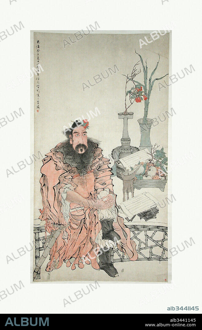 ? ?? ?? ?, Zhong Kui, Qing dynasty (1644–1911), dated 1883, China, Hanging scroll; ink and color on paper, Image: 67 5/8 x 36 3/4 in. (171.8 x 93.3 cm), Paintings, Ren Yi (Ren Bonian) (Chinese, 1840–1896), Ren Yi, a leader of the late Qing Shanghai school of painting, was a disciple of the painter Ren Xiong (1820–1857). A prolific artist, Ren Yi commanded a wide range of techniques. In this depiction of Zhong Kui, the legendary Demon Queller, for example, he adopted the figural style of Chen Hongshou (1598–1652).