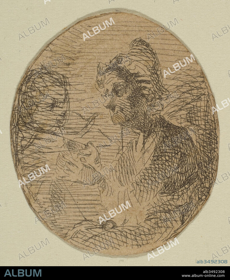 Old Woman and Child in Oval (from Sketches on the Coast Survey Plate), 1854–55, Etching; proof impression of the only state (Glasgow 1); this is a fragment cut from the upper portion of 'Sketches on the Coast Survey Plate' (Kennedy no. 1) by Whistler and mounted on a board with six other related fragments. Cited by Glasgow as the earliest known impression., oval sheet: 1 7/16 x 1 1/4 in. (3.7 x 3.1 cm) (fragment cut from the upper portion of 'Sketches on the Coast Survey Plate'), Prints, James McNeill Whistler (American, Lowell, Massachusetts 1834–1903 London), Whistler made his first etching while employed as a draftsman at the U.S. Coast and Geodetic Survey in Washington, D.C., between 1854 and 1855. A staff member taught him the technique and supplied him with a copper plate, on which he etched topographic renderings of coastlines, then sketched freely drawing figures.