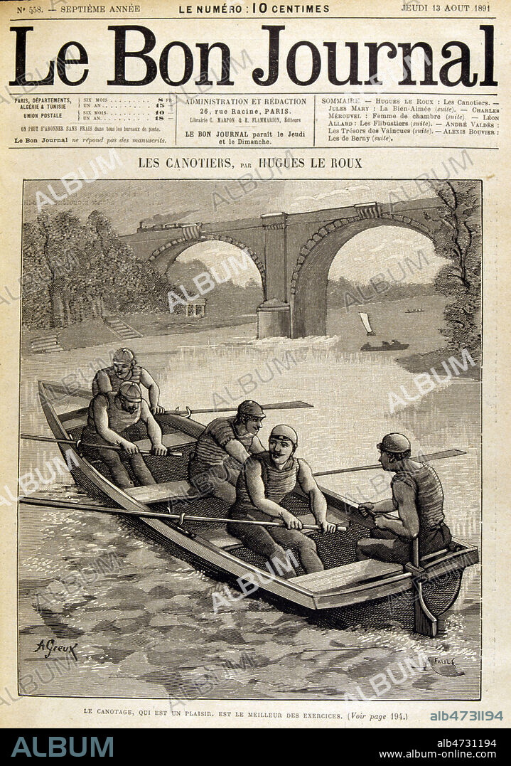 'Le canotage, qui est un plaisir, est le meilleur des exercices- Scene de bords de Seine avec canotiers' Gravure pour 'Le Bon Journal' vers 1895 (XIXeme s., 19eme s., 19e s.) Credit Jean Vigne/KHARBINE-TAPABOR.