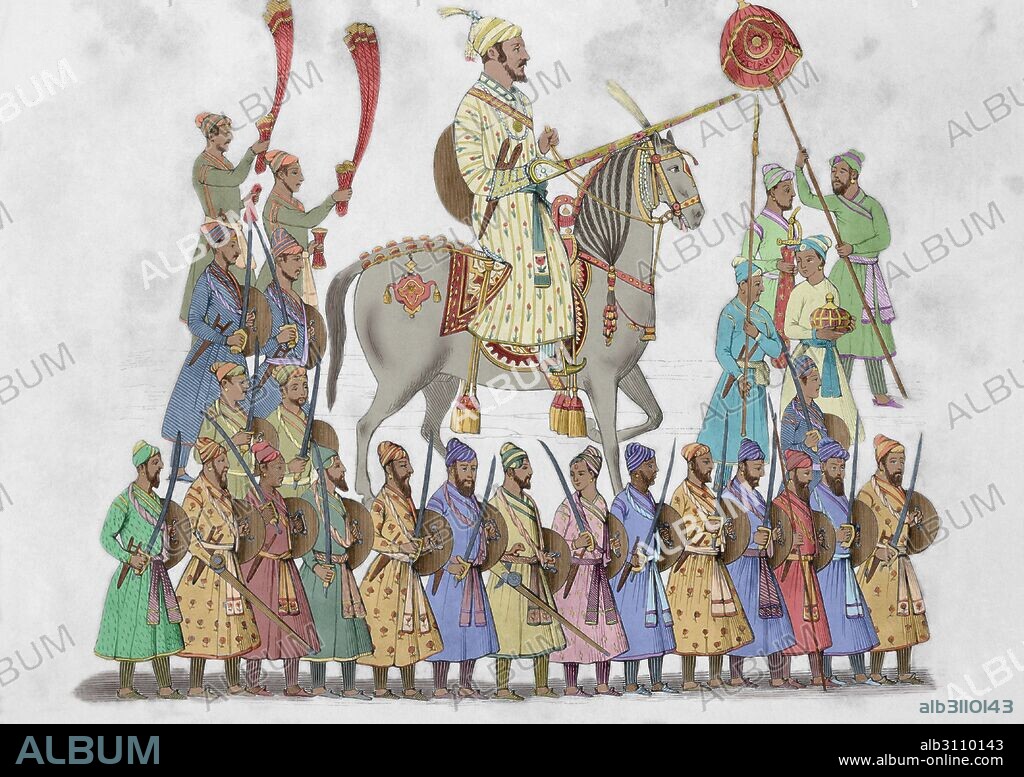 HISTORIA DE LA INDIA. Imperio MAHARATTA, fundado en el siglo XVIII por el rey Shivaji o Sevadjee. Fue colonia inglesa y en el año 1876 se confirio a la Reina Victoria de Inglaterra el título de Emperatriz de las Indias. Grabado coloreado del siglo XIX.