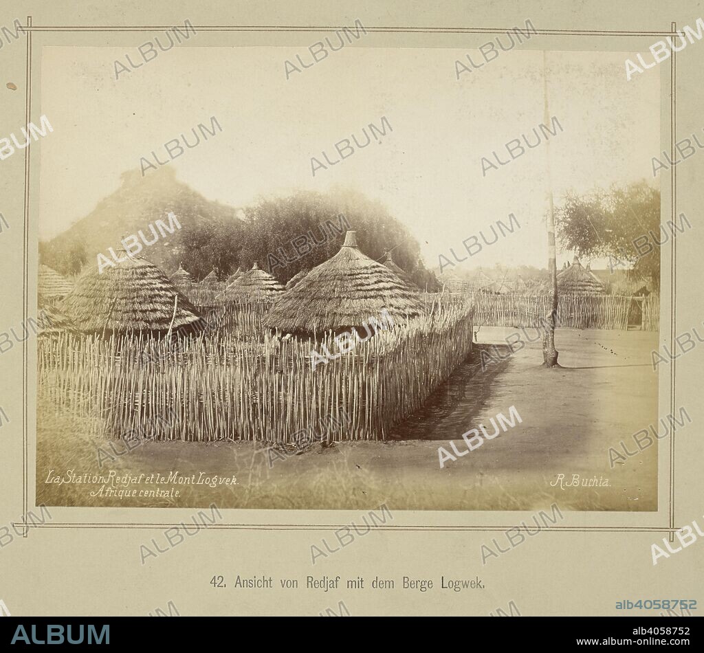 RICHARD BUCHTA. Ansicht von Redjaf mit dem Berge Logwek. View of the mountains at Logwek, South Sudan. Habitation in the foreground. Die oberen Nil-LaÌˆnder. Volkstypen und Landschaften. Dargestellt in 160 Photographien. Nach der Natur aufgenommen von R. Buchta. Mit einer Einleitung von Dr. Robert Hartmann. Berlin, 1881. Source: 1789.a.13 plate 42. Language: German.